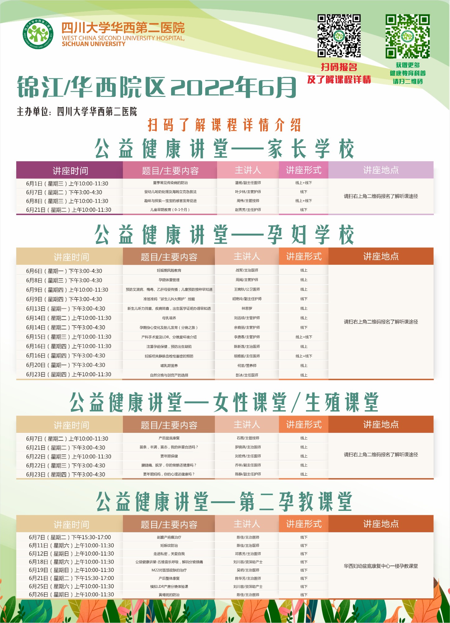 四川大学华西第二医院2022年6月公益家长学校/孕妇学校课程表