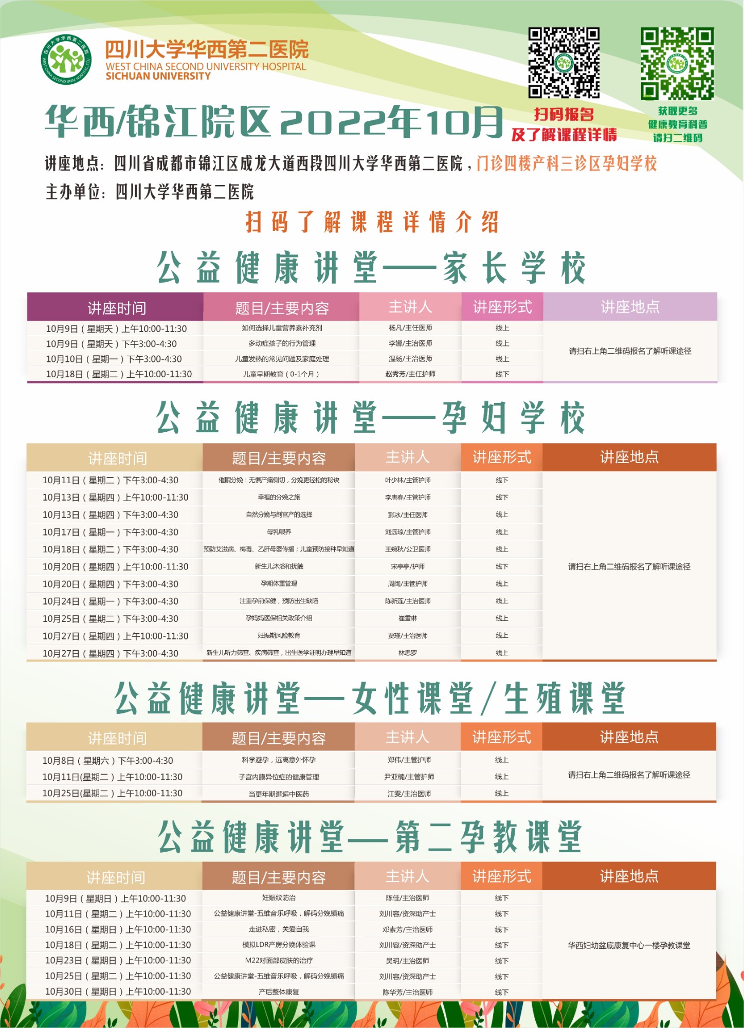 四川大学华西第二医院2022年10月公益家长学校/孕妇学校课程表