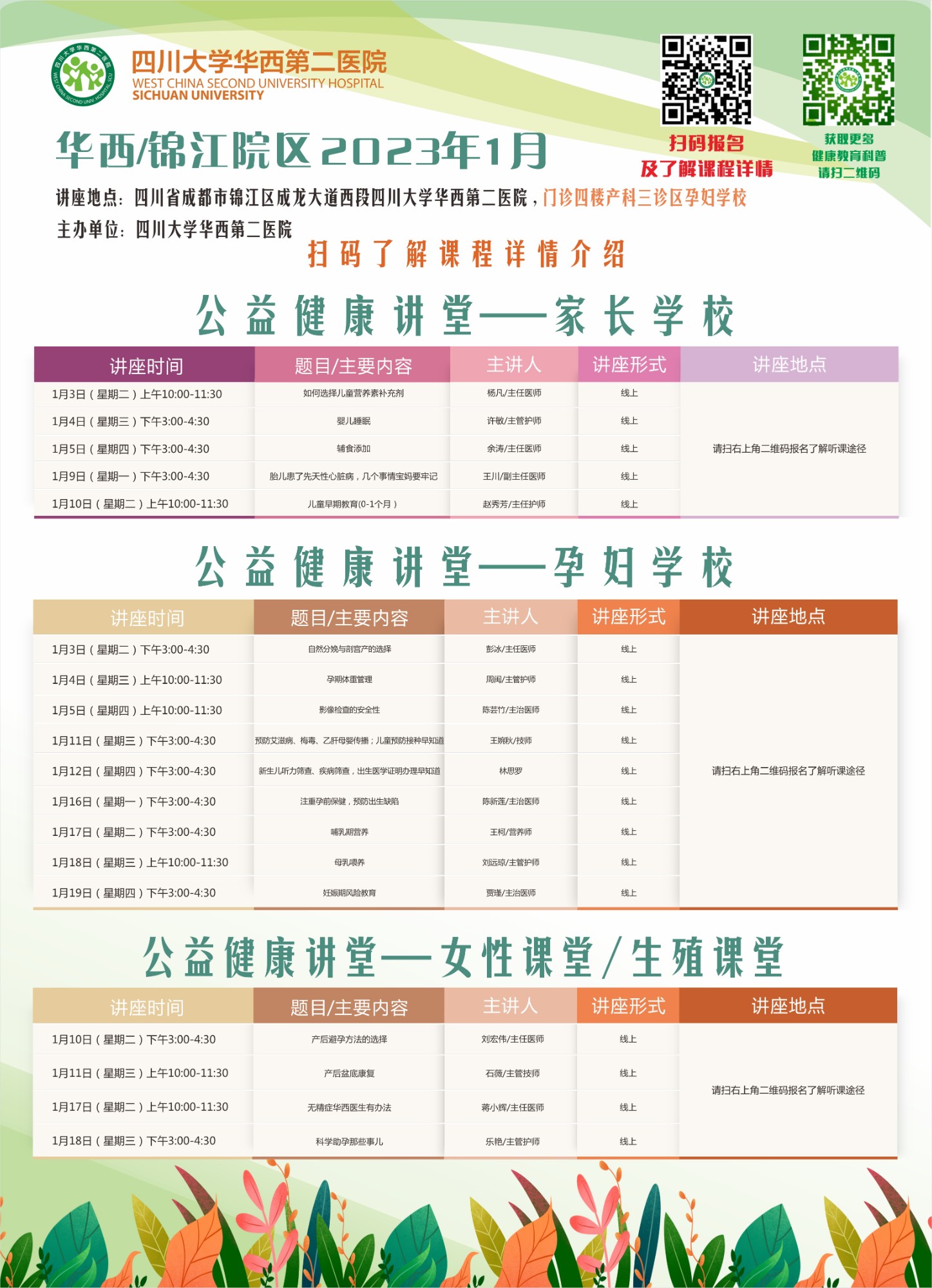 四川大学华西第二医院2023年1月公益家长学校/孕妇学校课程表