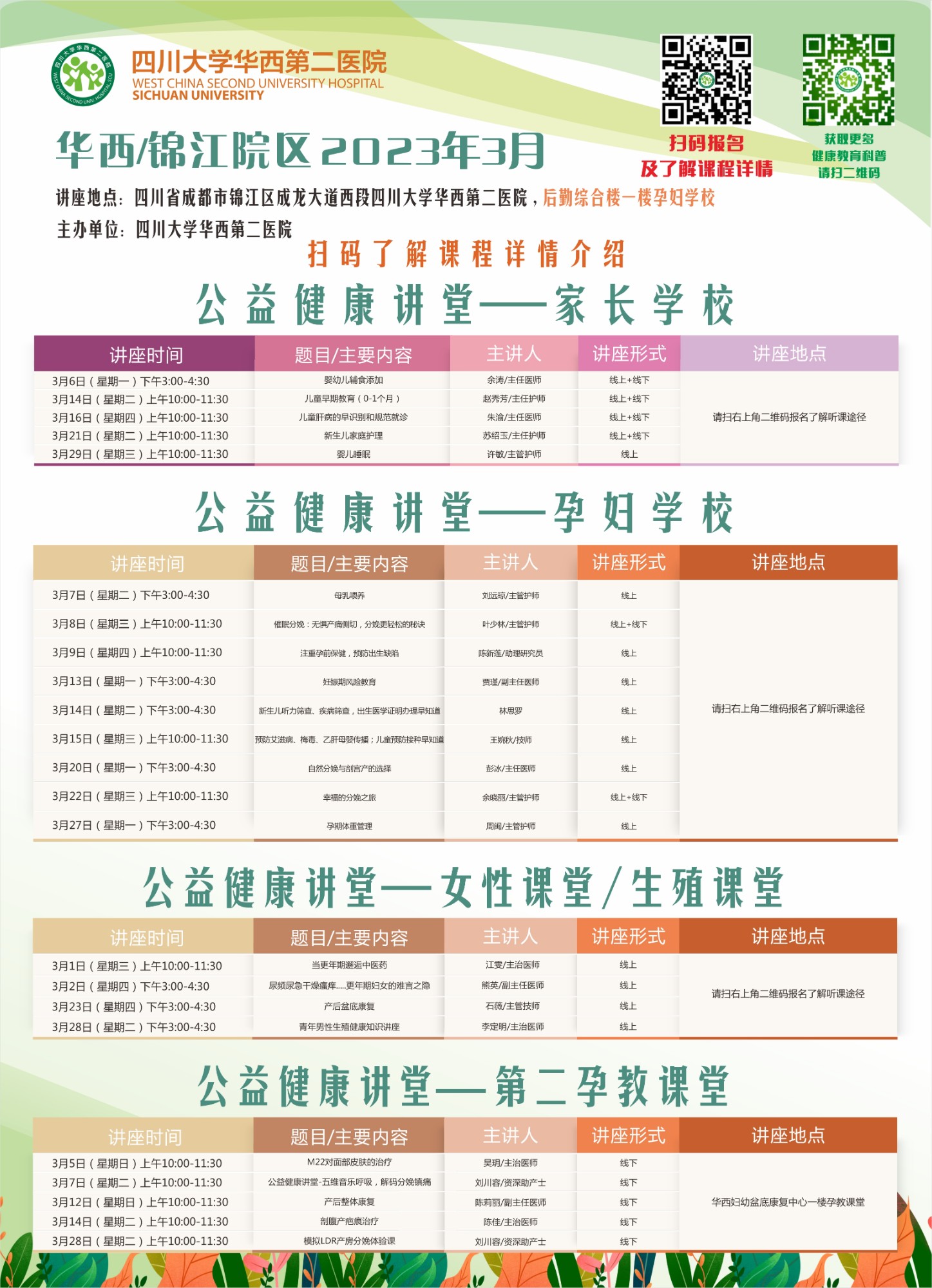 四川大学华西第二医院2023年3月公益家长学校/孕妇学校课程表