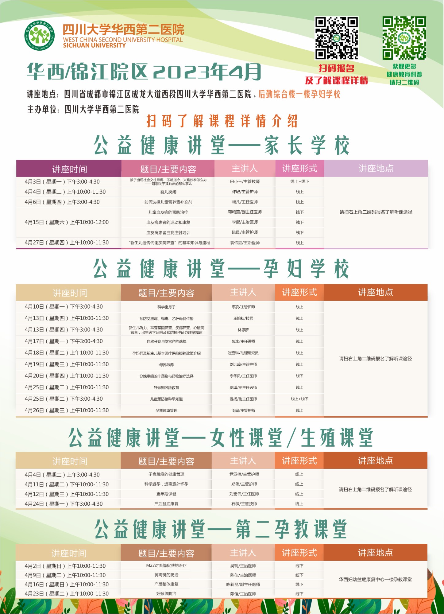 四川大学华西第二医院2023年4月公益家长学校/孕妇学校课程表