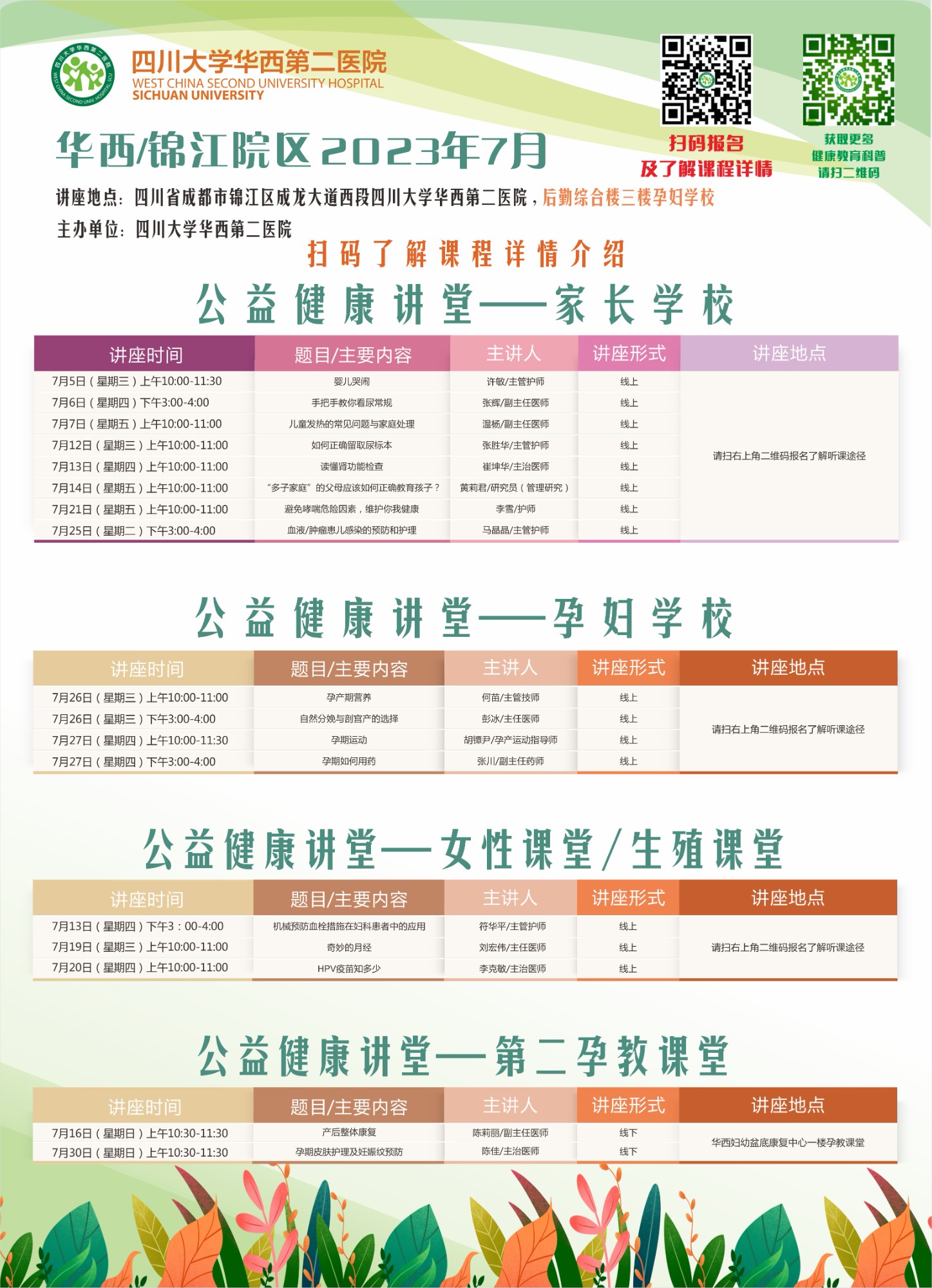 四川大学华西第二医院2023年7月公益家长学校/孕妇学校课程表