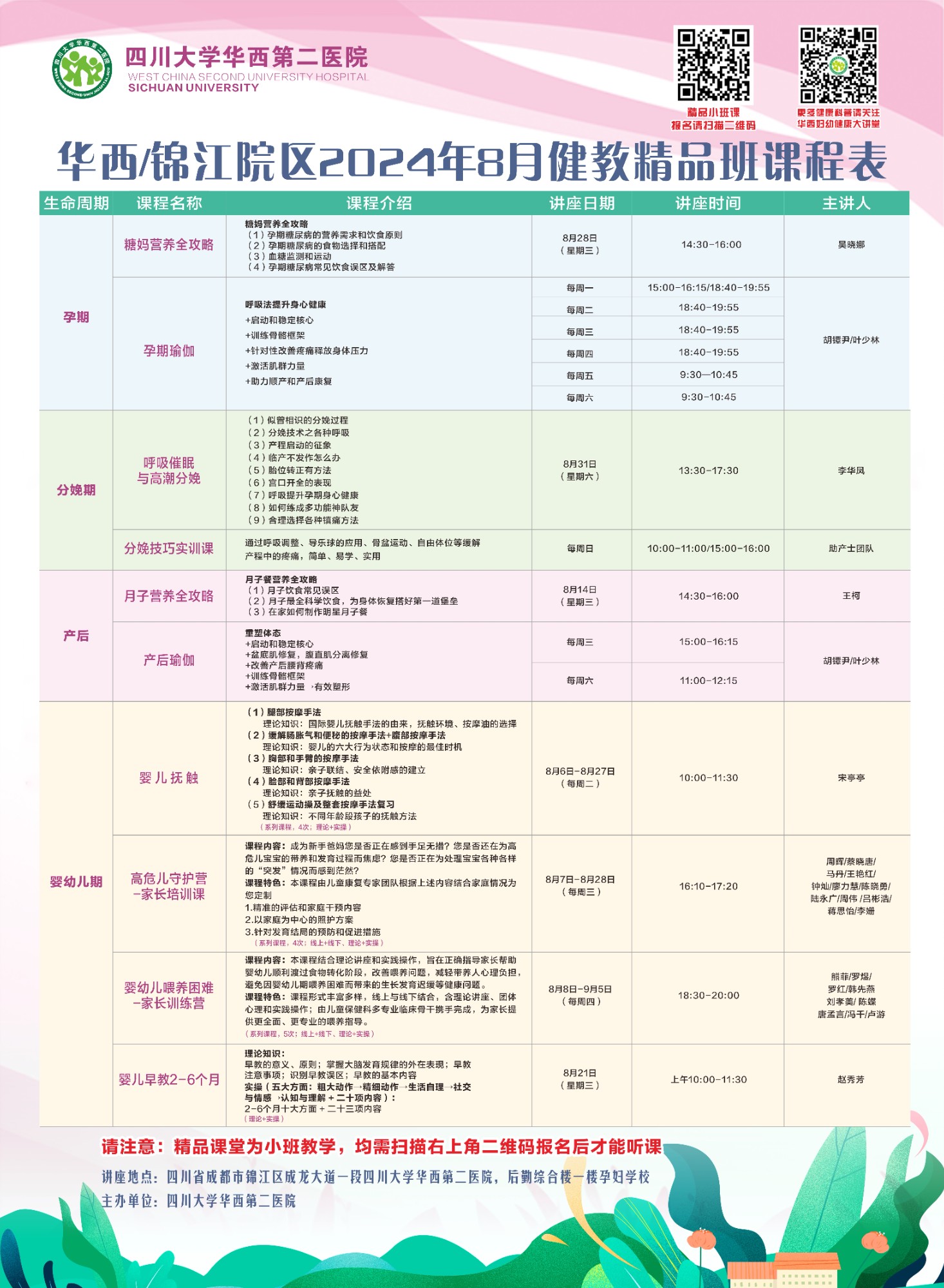 四川大学华西第二医院2024年8月健康教育精品班课程表