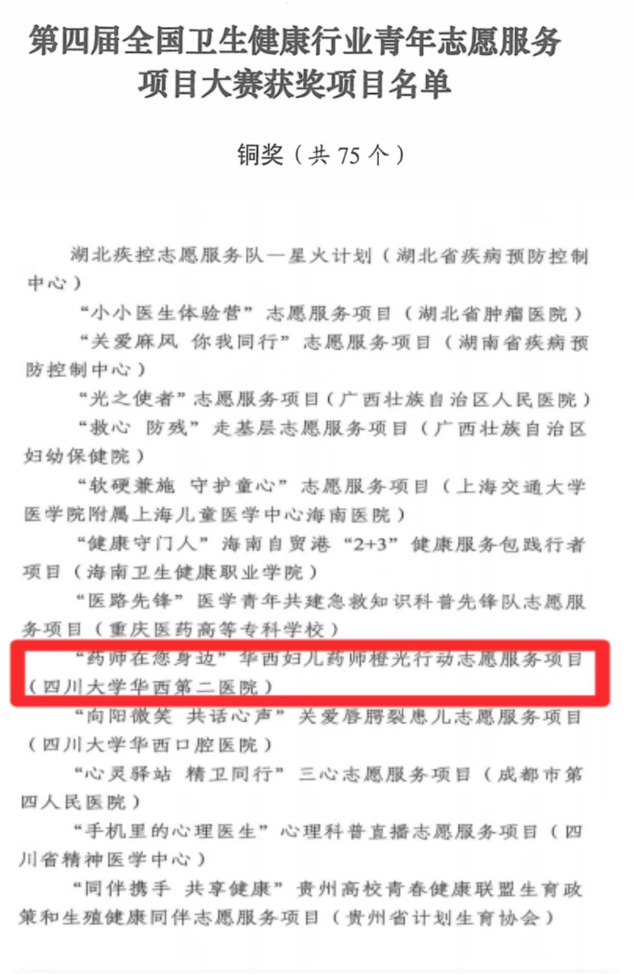 喜报！我院志愿服务项目荣获第四届全国卫生健康行业青年志愿服务项目大赛铜奖