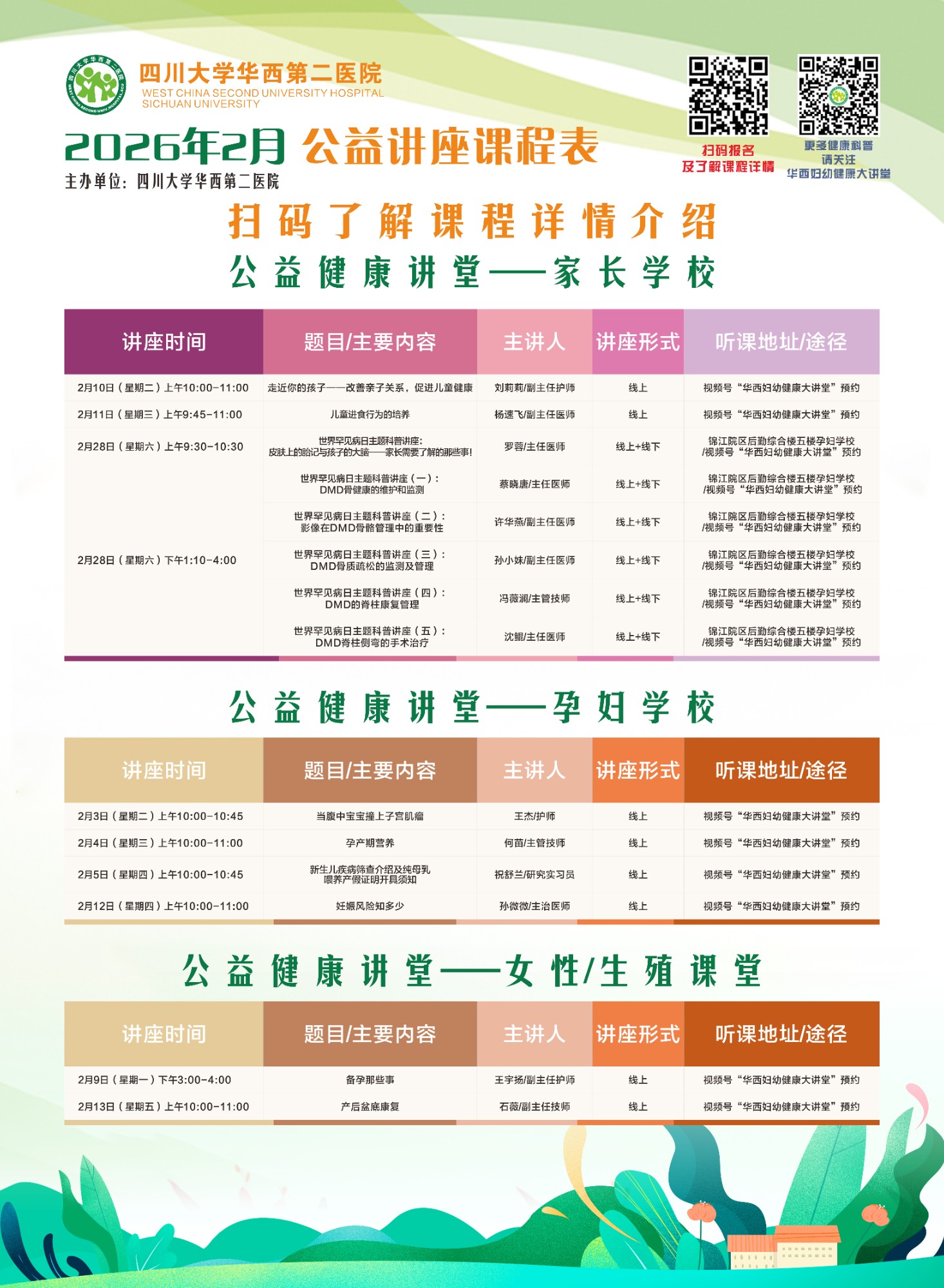 四川大学华西第二医院2026年2月公益家长学校/孕妇学校课程表