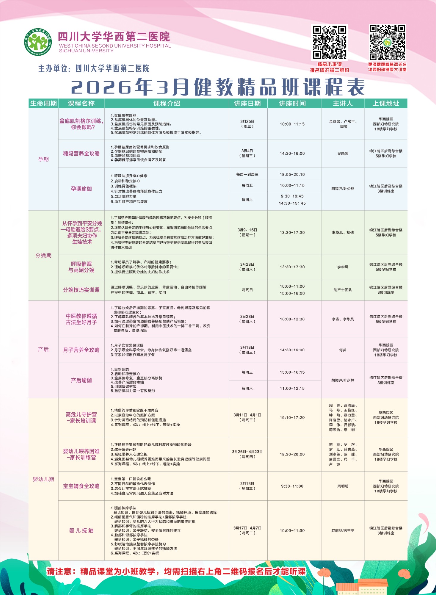 四川大学华西第二医院2026年3月健康教育精品班课程表