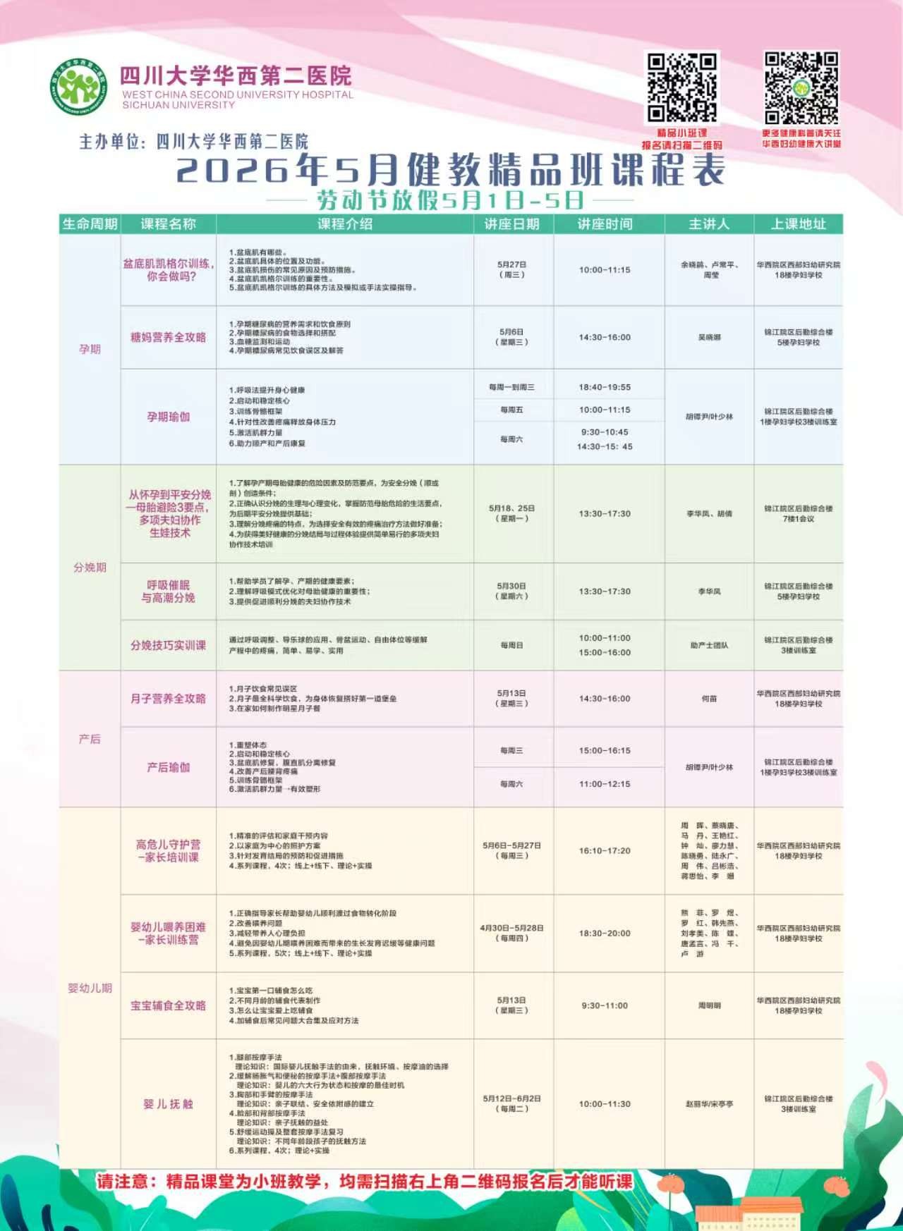 四川大学华西第二医院2026年5月健康教育精品班课程表