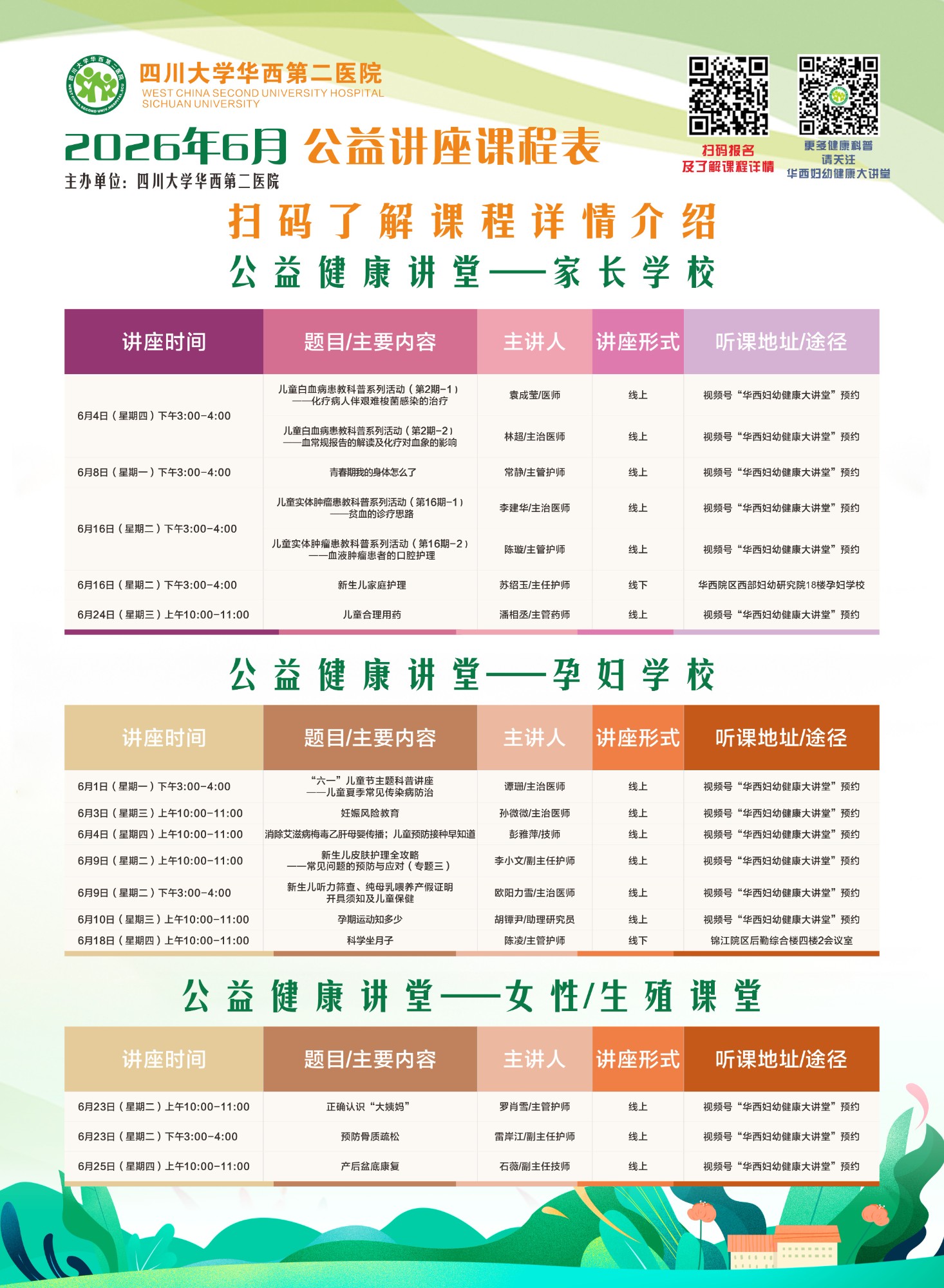 四川大学华西第二医院2026年6月公益家长学校/孕妇学校课程表