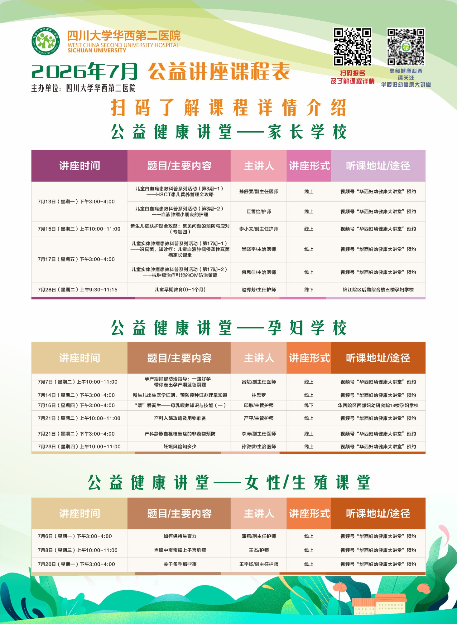四川大学华西第二医院2026年7月公益家长学校/孕妇学校课程表